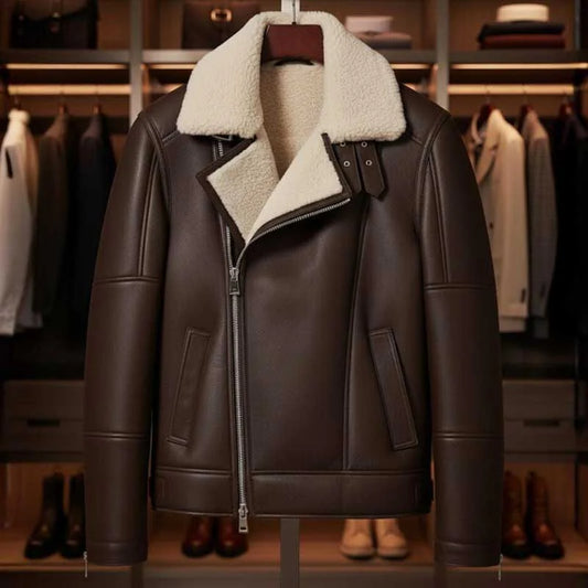 Brown leather jacket with white fur lining on a mannequin in a clothing store setting.