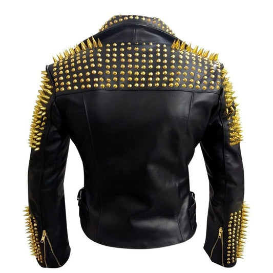 Gold Studs Motorbike Leather Jacket Women
