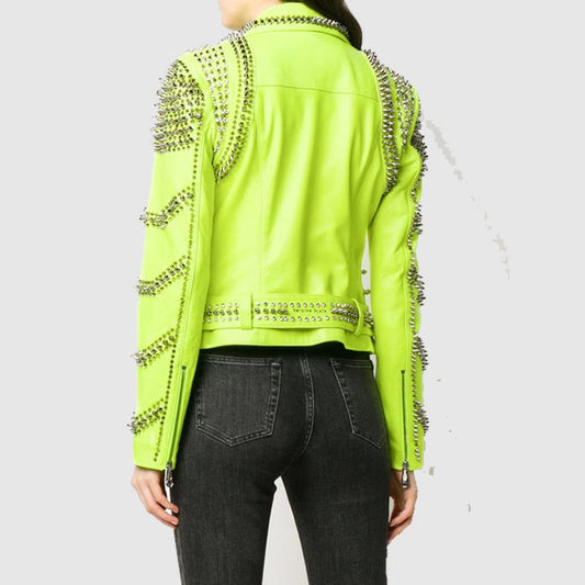 Brando Green Spiked Leather Lapel Fastener Women Studded Jacket made from genuine cowhide leather featuring handmade spikes, lapel fastener, zipper cuffs, and biker punk styling.