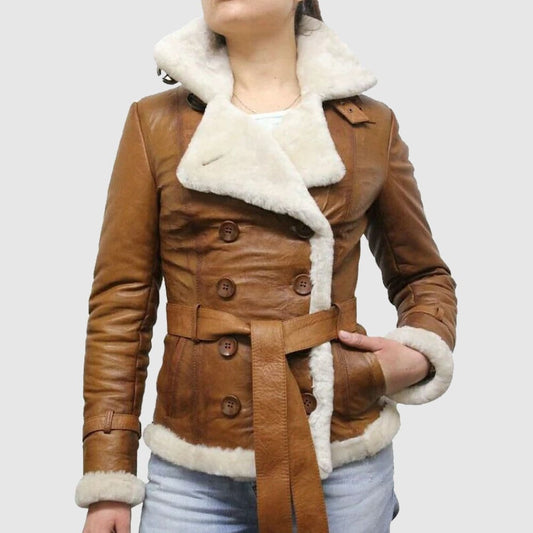 Brown pilot aviator genuine shearling leather jacket for women