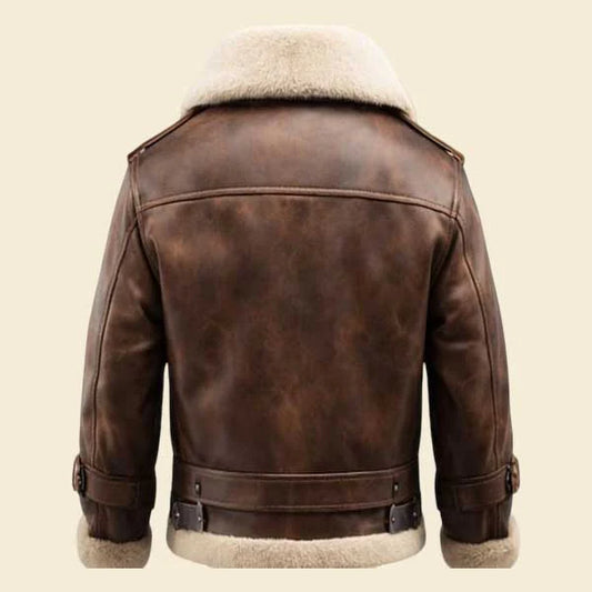 Brown leather jacket with fur lining on a beige background