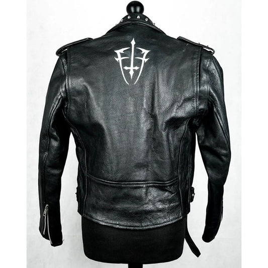 Black leather motorcycle jacket displayed on a mannequin torso, showing the back view with a white stylized emblem printed on the upper back.