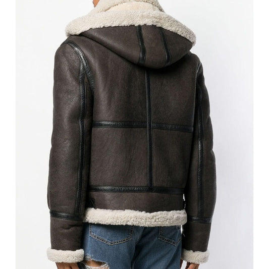 A dark brown faux-shearling hooded jacket with a cream-colored sherpa lining, shown from the back on a model wearing blue jeans against a plain white background.