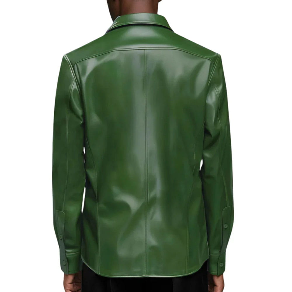 A man wearing a glossy dark green leather jacket, shown from the back against a plain white background.