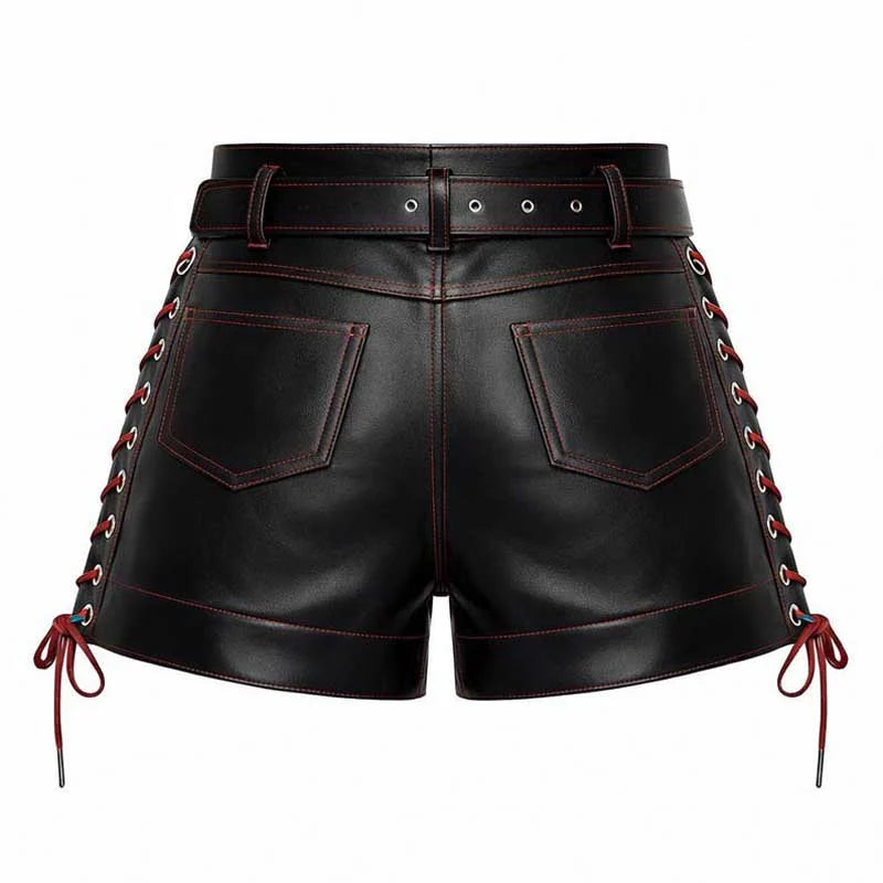 Black faux leather shorts with red contrast stitching, side laces, and a matching black leather belt with silver grommets, shown from the back on a white background.