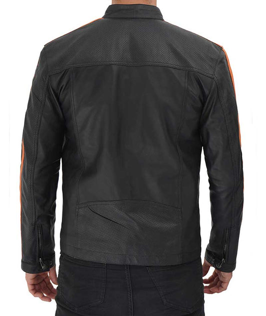 Harland Stripe Black Leather Cafe Racer Style Jacket Men