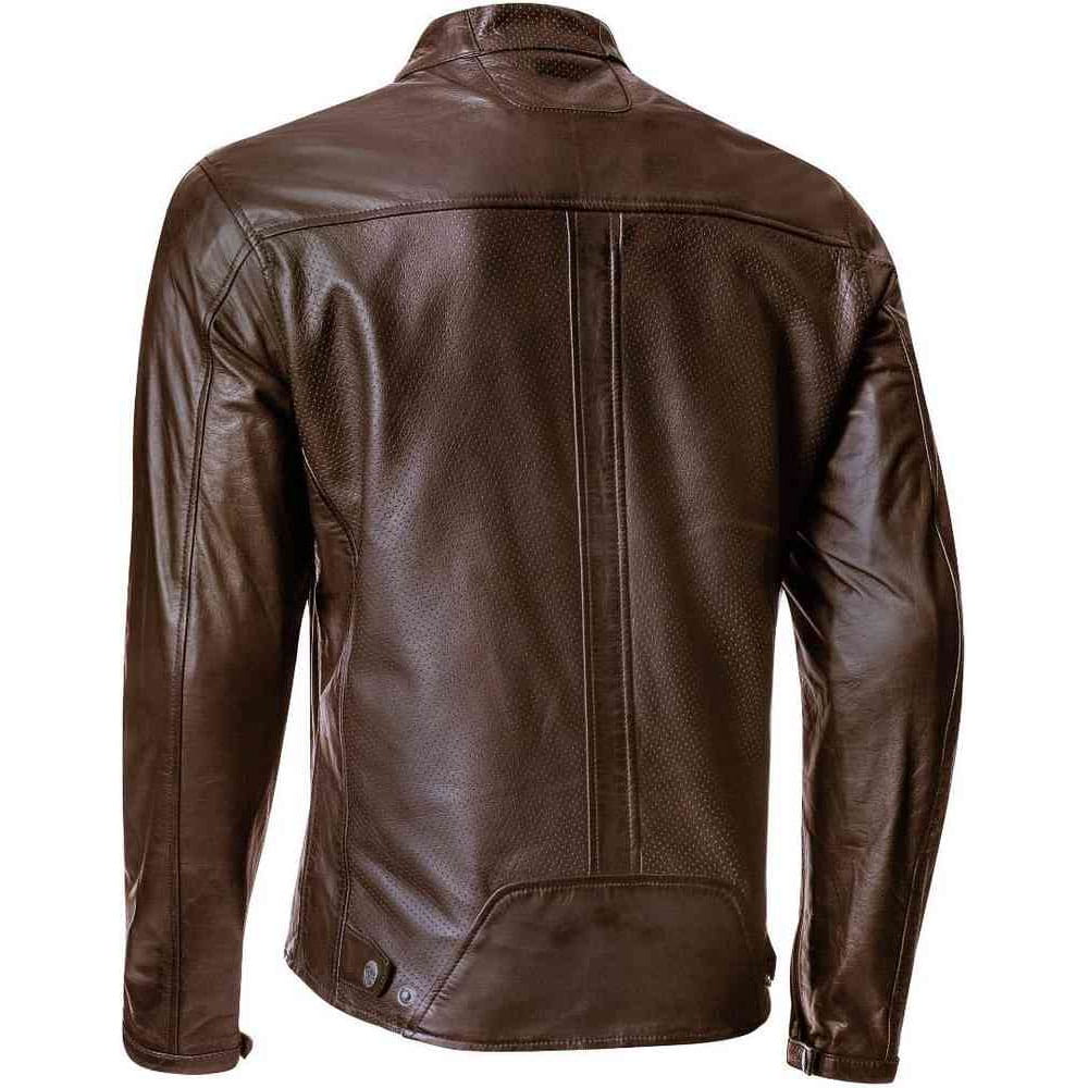 A dark brown leather jacket with a textured, perforated back panel, shown from the rear on a white background.