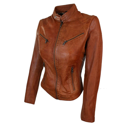 Women's Leather Black Tan Biker Jacket