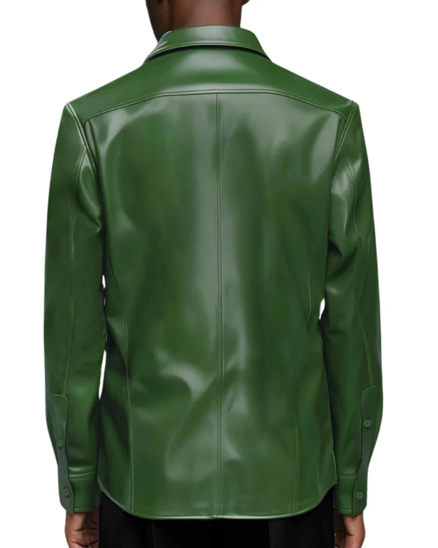 Long Sleeve Mens Green Leather Shirt crafted from genuine premium leather featuring a slim fit design, button-front closure, and stylish modern green finish.