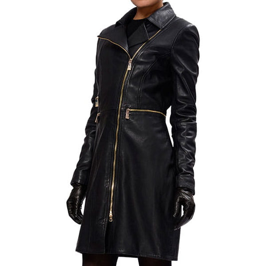 Lopsided Zipper Leather Coat For Women