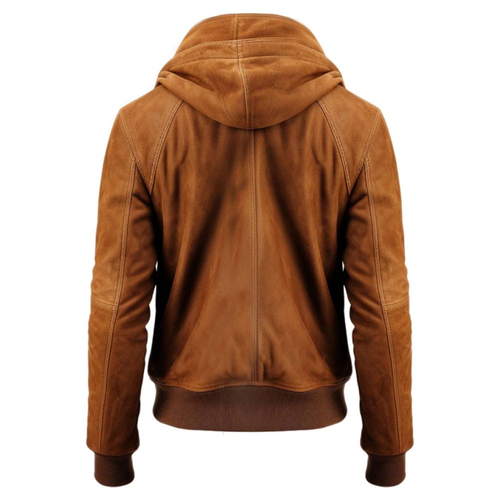 Men Camel Brown Suede Hooded Leather Bomber Jacket