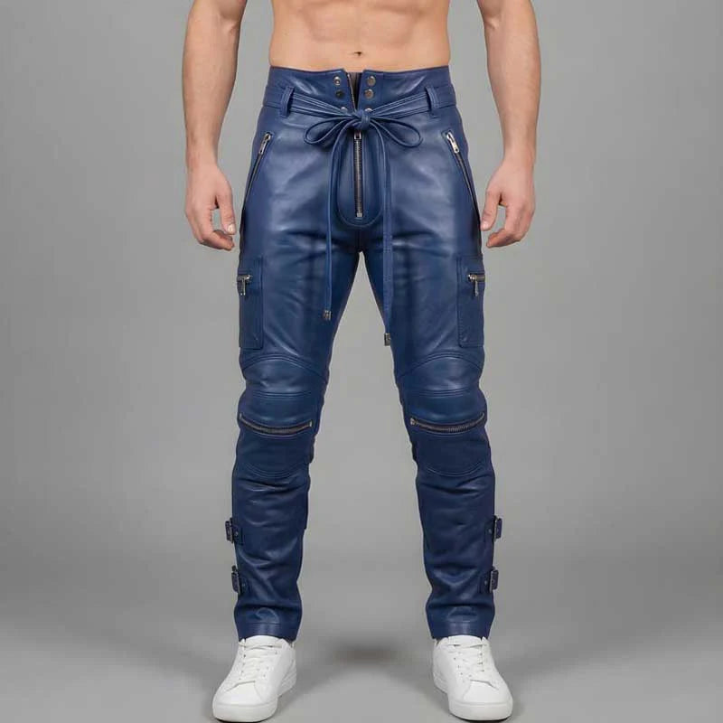 Men's Blue Cowhide Leather Cargo Pants Handmade Biker Gothic Style