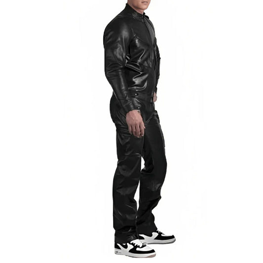 Men's Leather Jumpsuit In Black With Straps