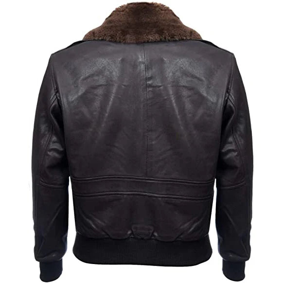 A black leather bomber jacket with a brown faux-fur collar, shown from the back on a white background.