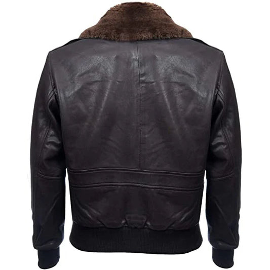 A black leather bomber jacket with a brown faux-fur collar, shown from the back on a white background.