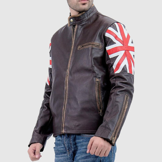 Mens Brown Union Jack Sheepskin Leather Jacket
