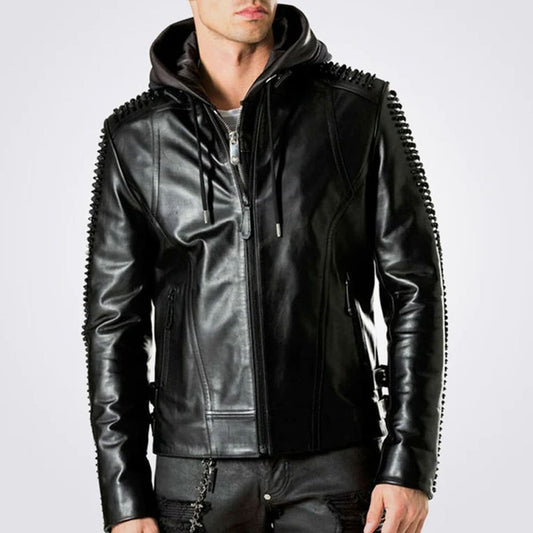 Studded Leather Jacket with Lion Printed