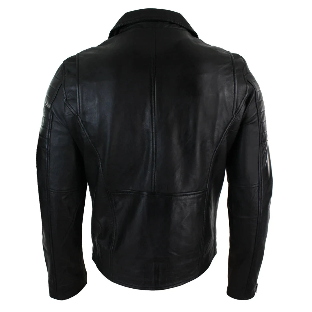 Black leather jacket shown from the back on a white background