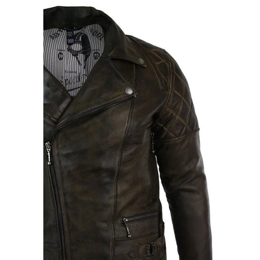 Men's Cross Zip Brown Biker Punk Rock Leather Jacket