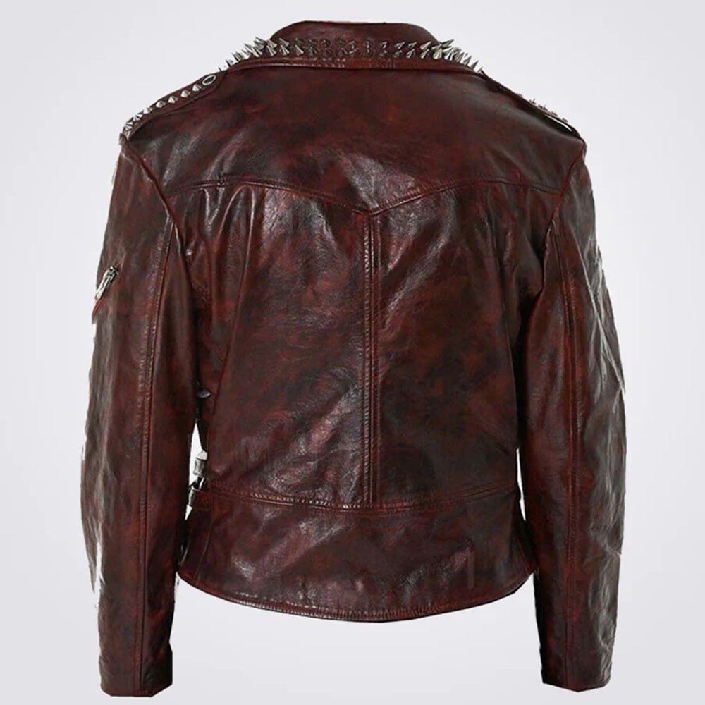 New Mens Full Red Waxed Punk Metallic Spiked Studded Zippered Leather Jacket