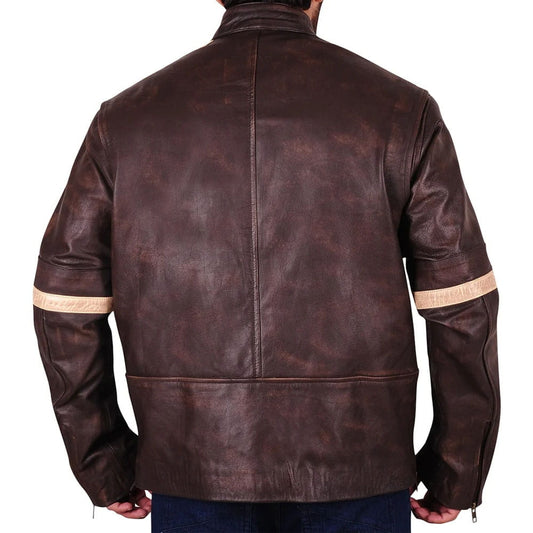 A man wearing a dark brown distressed leather jacket, viewed from the back. The jacket features light beige horizontal stripes on both sleeves and a central seam down the back.
