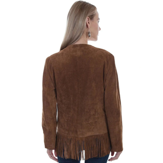 A woman shown from the back wearing a brown suede fringe jacket, photographed against a plain white background.