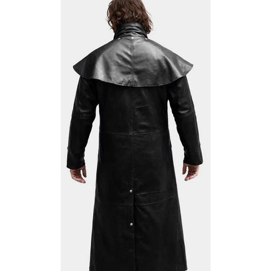 Steampunk Black Leather Trench Coat with Hood