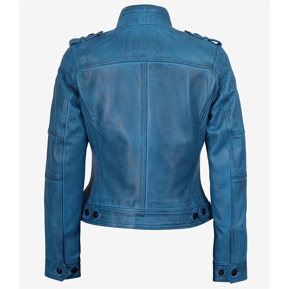 Tavares Women's Distressed Blue Leather Biker Jacket