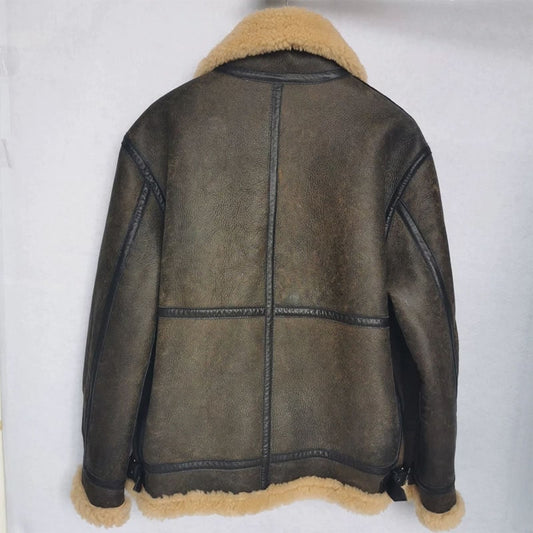 Thick Brown Cracking Leather Shearling Coat Men