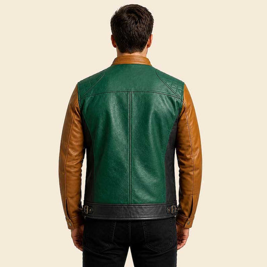 Green and brown leather jacket on a beige background