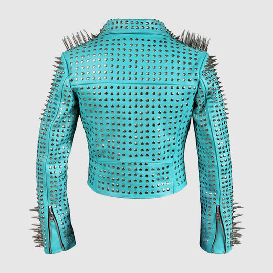 Women Silver Studs Premium Leather Zippered Spiked Brando Jacket
