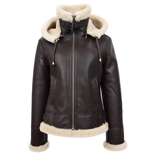 Womens ReBrown Hooded Shearling B3 Pilot Aviator Coat