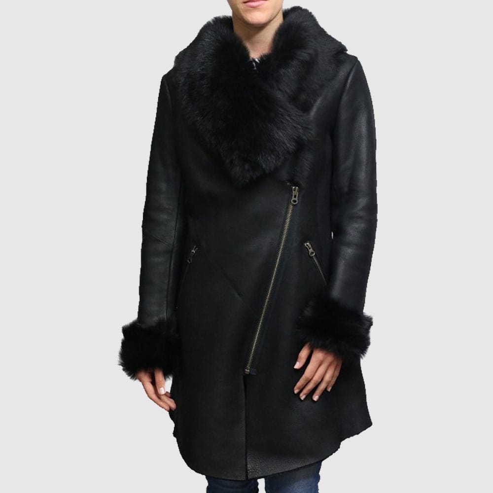 Women Shearling Sheepskin Suede Coat Merino Toscana Collar Black