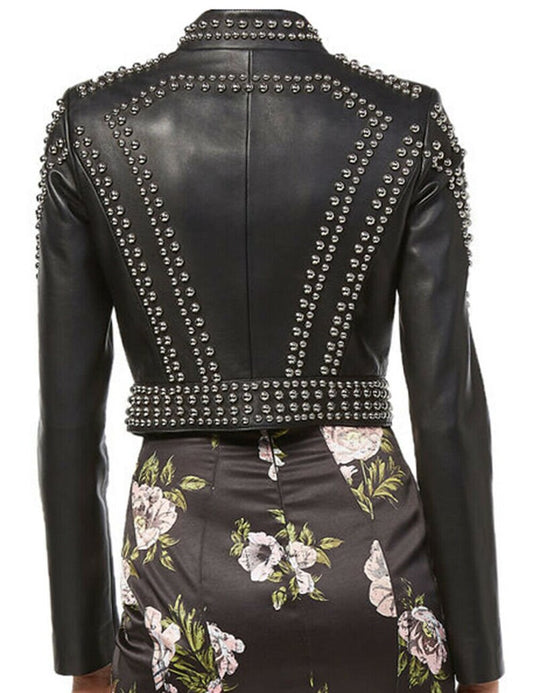 Women Silver Round Studs Leather Jacket