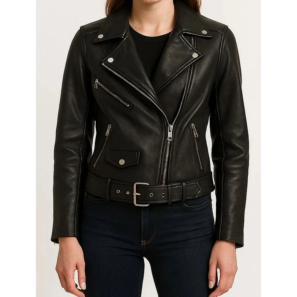 Women Embroidered Floral Black Biker Leather Jacket