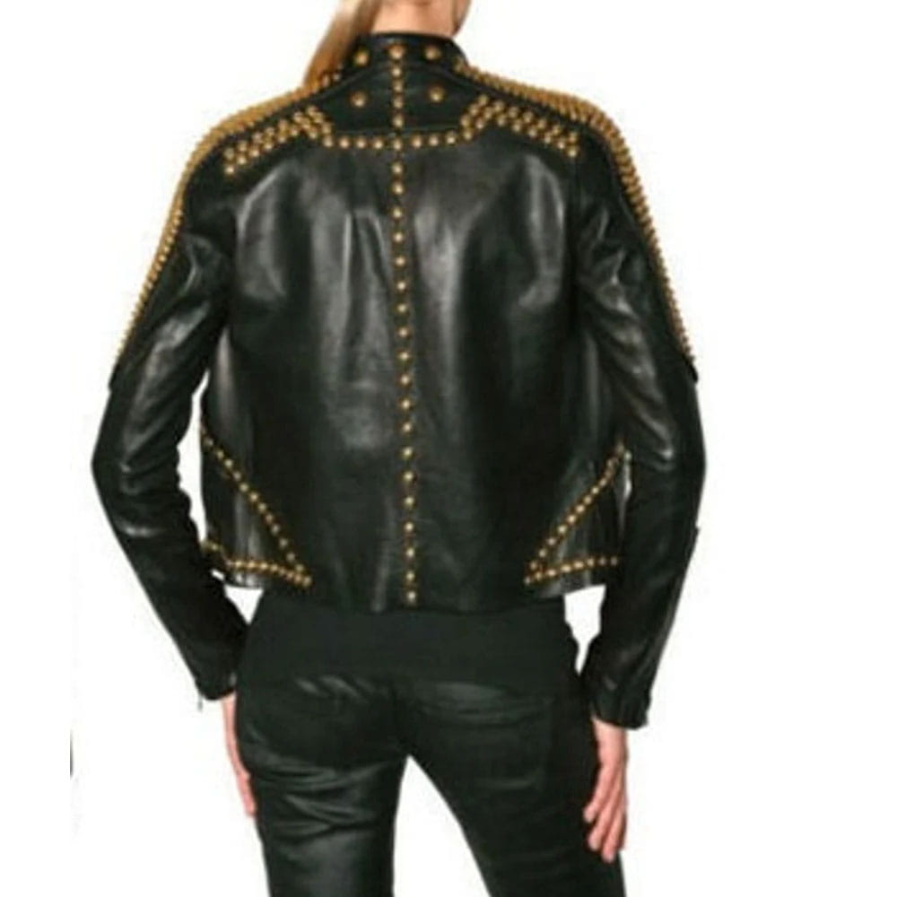 A black leather jacket with gold-tone metal studs, shown from the back on a model against a white background.