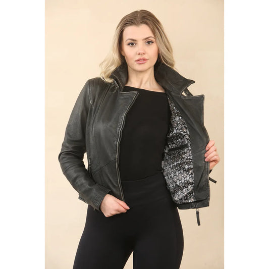 Women's Black Cross Zip Leather Brando Biker Jacket