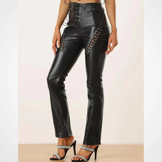 Women’s Black Lace Up Lambskin Leather Biker Pants