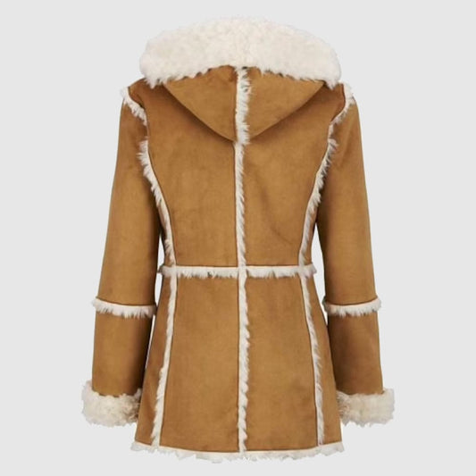 Women Brown Fur Suede Overcoat With Hood Sheepskin Jacket