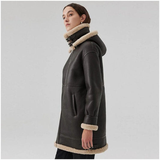 Womens Brown Sheepskin Shearling Coat Mid Length with Hood