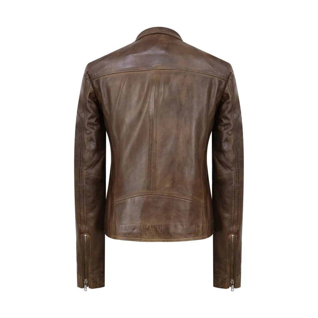 Women's Cross Zip Brown Biker Jacket Washed Soft