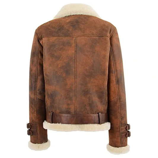 Womens Real Sheepskin Aviator Shearling Pilot Biker Style Jacket
