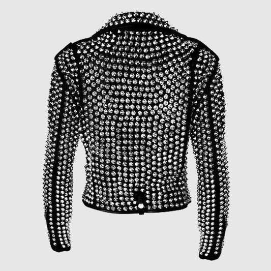 Womens Rock Star All over Silver Studded Cowhide Leather Moto Jacket
