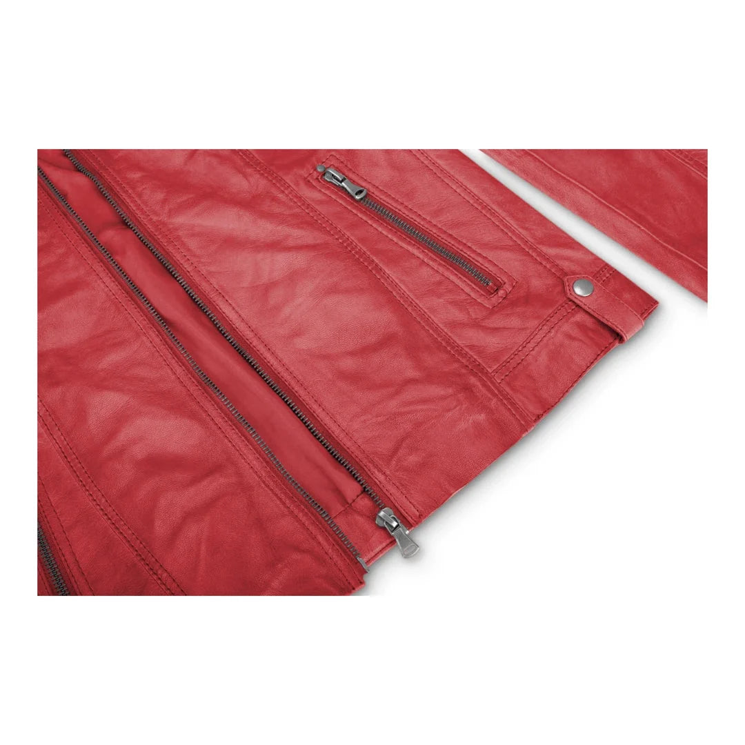 Women's Leather Jacket Short Fitted Red Chinese Collar