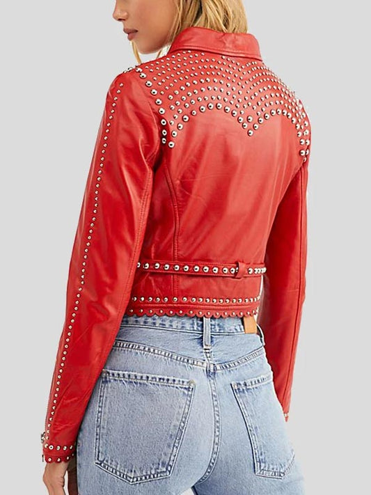 Studded Red Cropped Leather Jacket