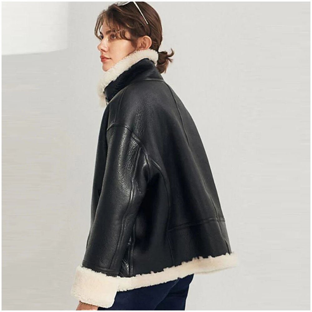 Womens Black Leather Shearling Coat with Lapel Collar