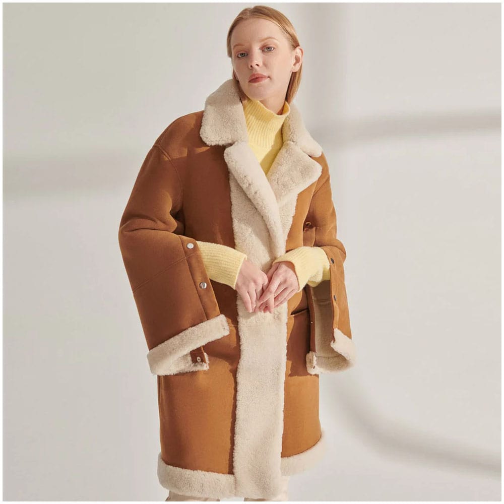Womens Elegant Suede Leather Shearling Long Coat in Yellow