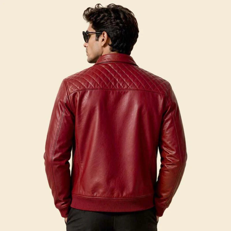 Men Red Quilted Leather Biker Jacket with Slim Fit Stand Collar