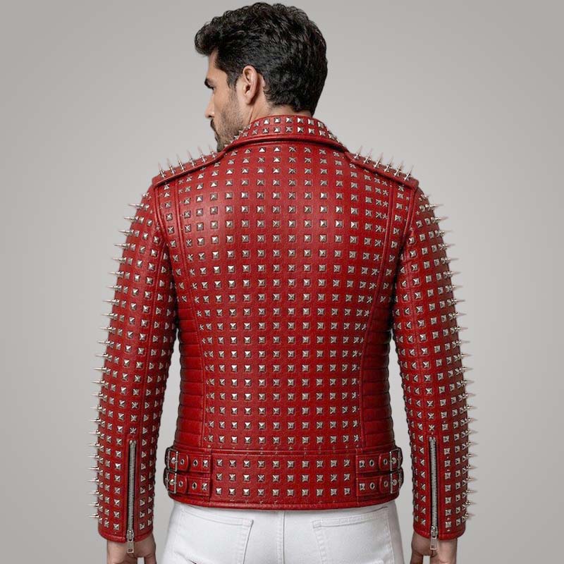 Shop our men's red genuine leather biker jacket. Features bold spiked studded punk rock details. Premium quality, edgy style, and free shipping.