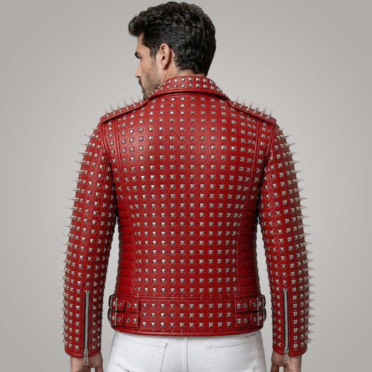 Shop our men's red genuine leather biker jacket. Features bold spiked studded punk rock details. Premium quality, edgy style, and free shipping.